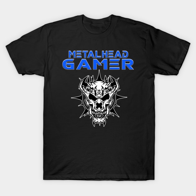 Metalhead Gamer Demon Skull Blue T-Shirt by Shawnsonart